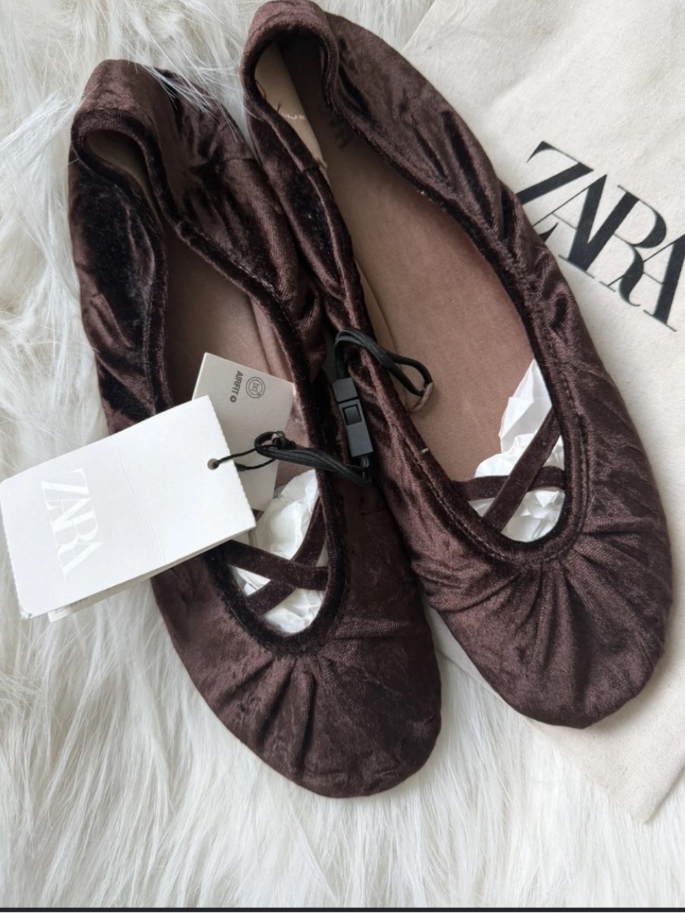 ZARA Dark Brown Velvet Ballet Flats